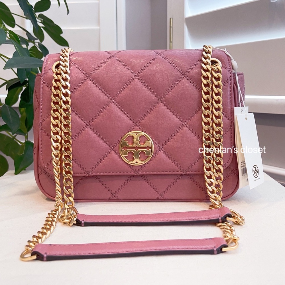 Tory Burch Pink Magnolia Quilted Leather Shoulder Bag with Gold Hardware